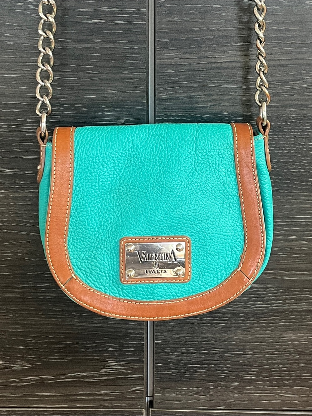 Valentina Turquoise & Tan Pebbled Leather Saddle Bag